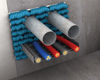 Illustration of Promat fire pillows in use on the wall for sealing of service penetrations.