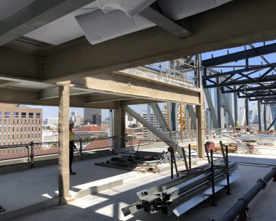 CAFCO 300 - Vermiculite Spray applied to beams and columns of a multi-storey building in construction
