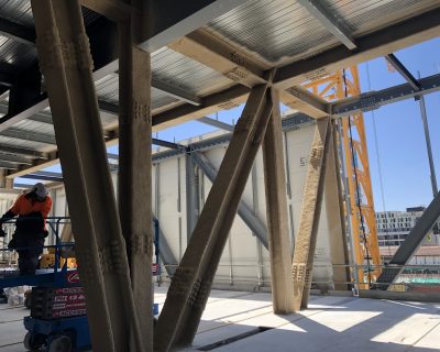 CAFCO 300 - Vermiculite Spray applied to beams and columns of a multi-storey building in construction
