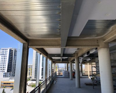 CAFCO 300 - Vermiculite Spray applied to beams and columns of a multi-storey building in construction