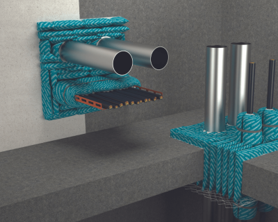 Illustration of Promat Fire Pillows installed on a wall and a floor for fire sealing around cables (service penetration).