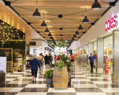 Timber ceiling fit out in shopping centre, using timber battens Austratus Flat Panel Profile